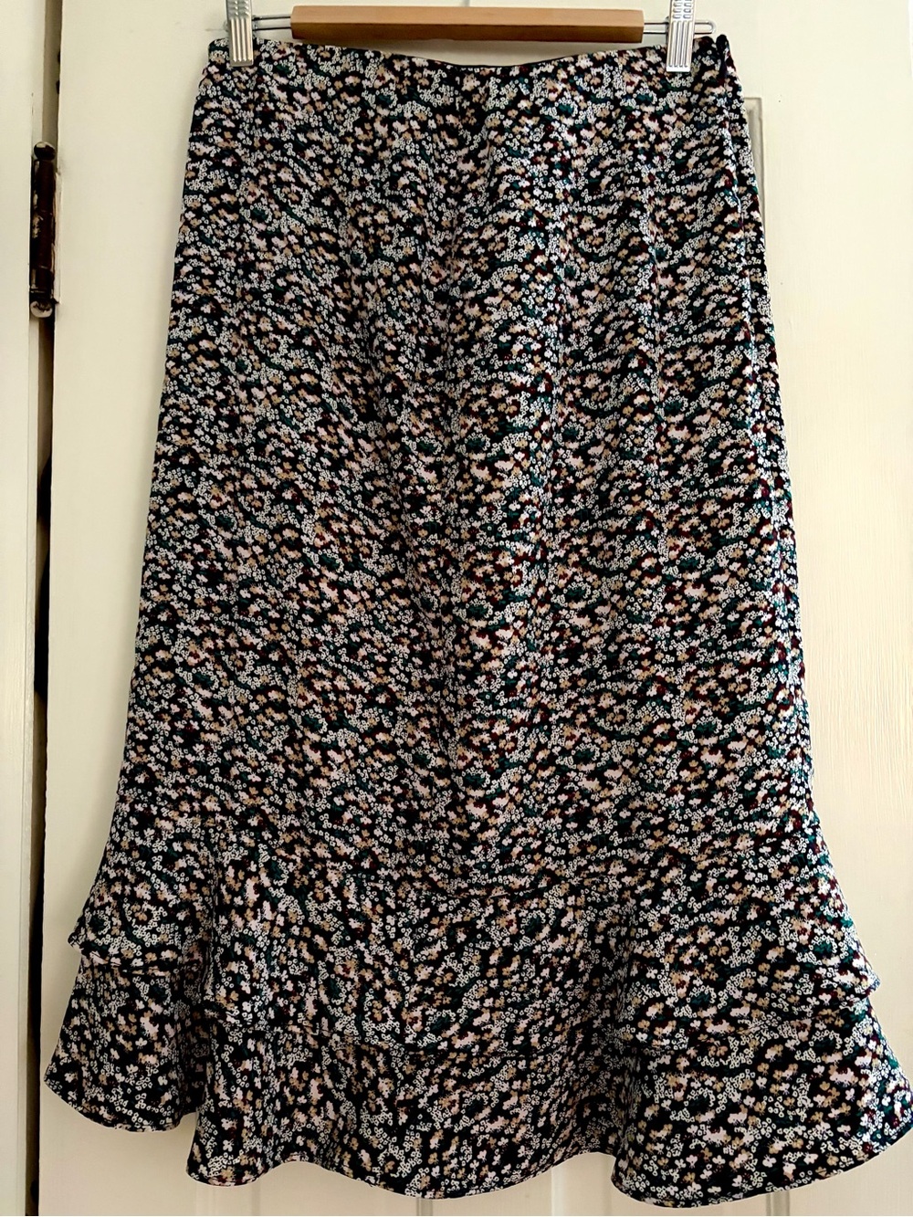 Ann Taylor Black Floral Midi Skirt with Ruffle Hem